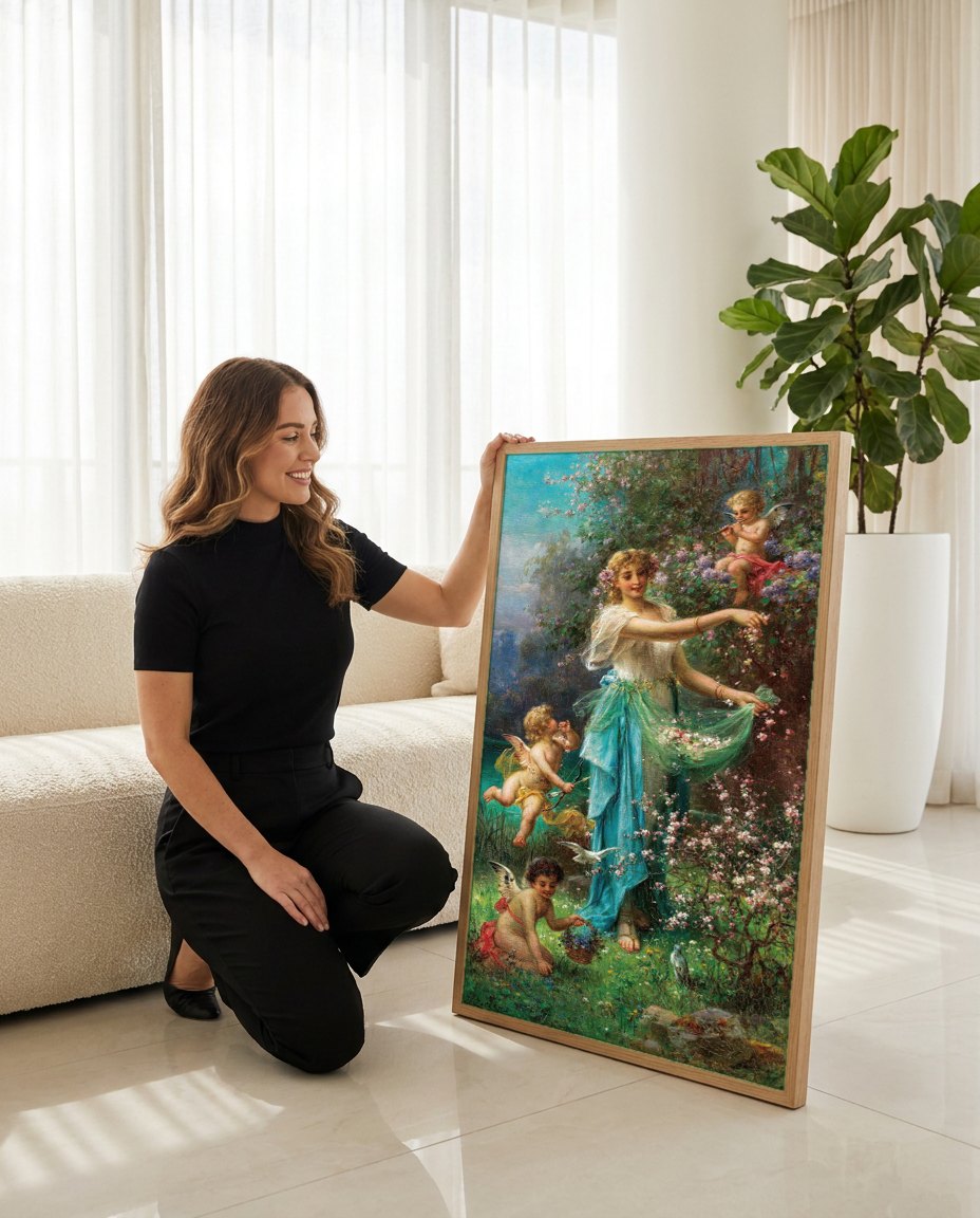 Quadro Decorativo A Primavera - Hans Zatzka | modelo apresentando o quadro emoldurado