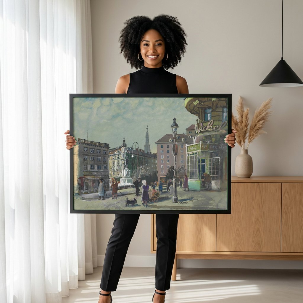 Quadro Decorativo 'Cafe na Rua' - Oskar Laske | modelo apresentando o quadro emoldurado