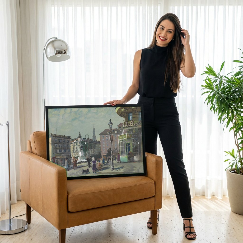 Quadro Decorativo 'Cafe na Rua' - Oskar Laske | modelo apresentando o quadro emoldurado