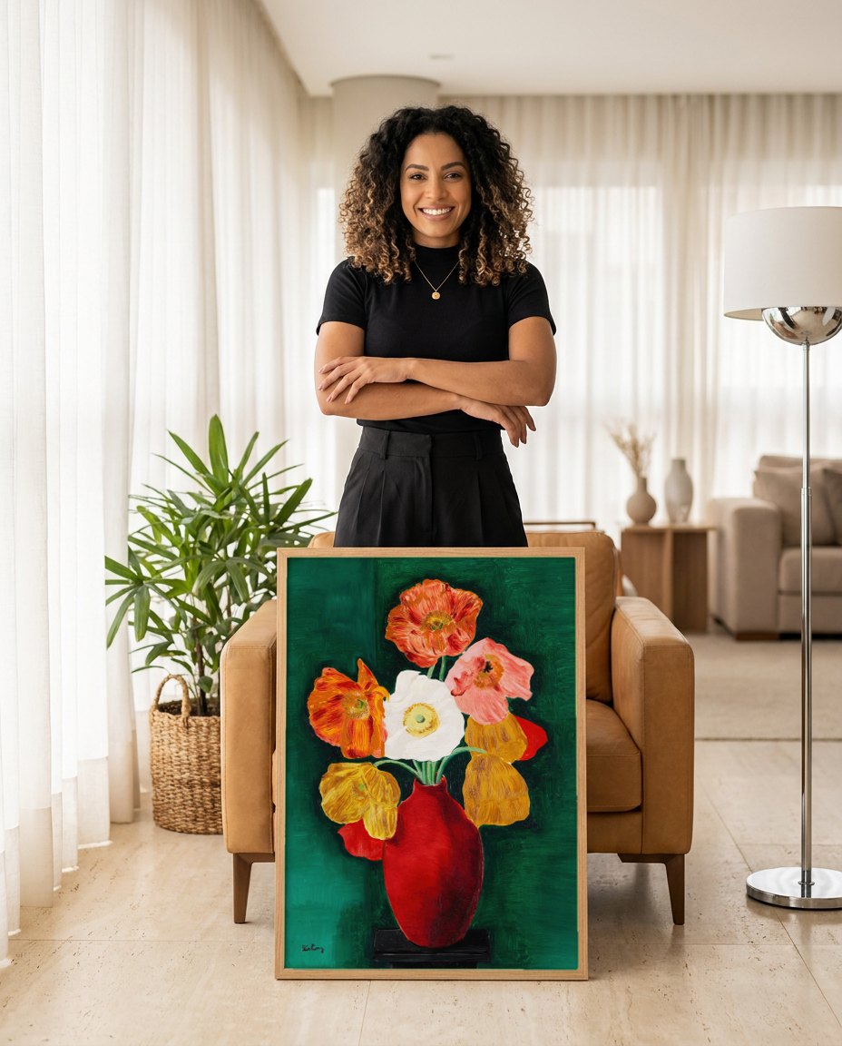 Quadro Decorativo 'Flores no Vaso' - Moïse Kisling | modelo apresentando o quadro emoldurado