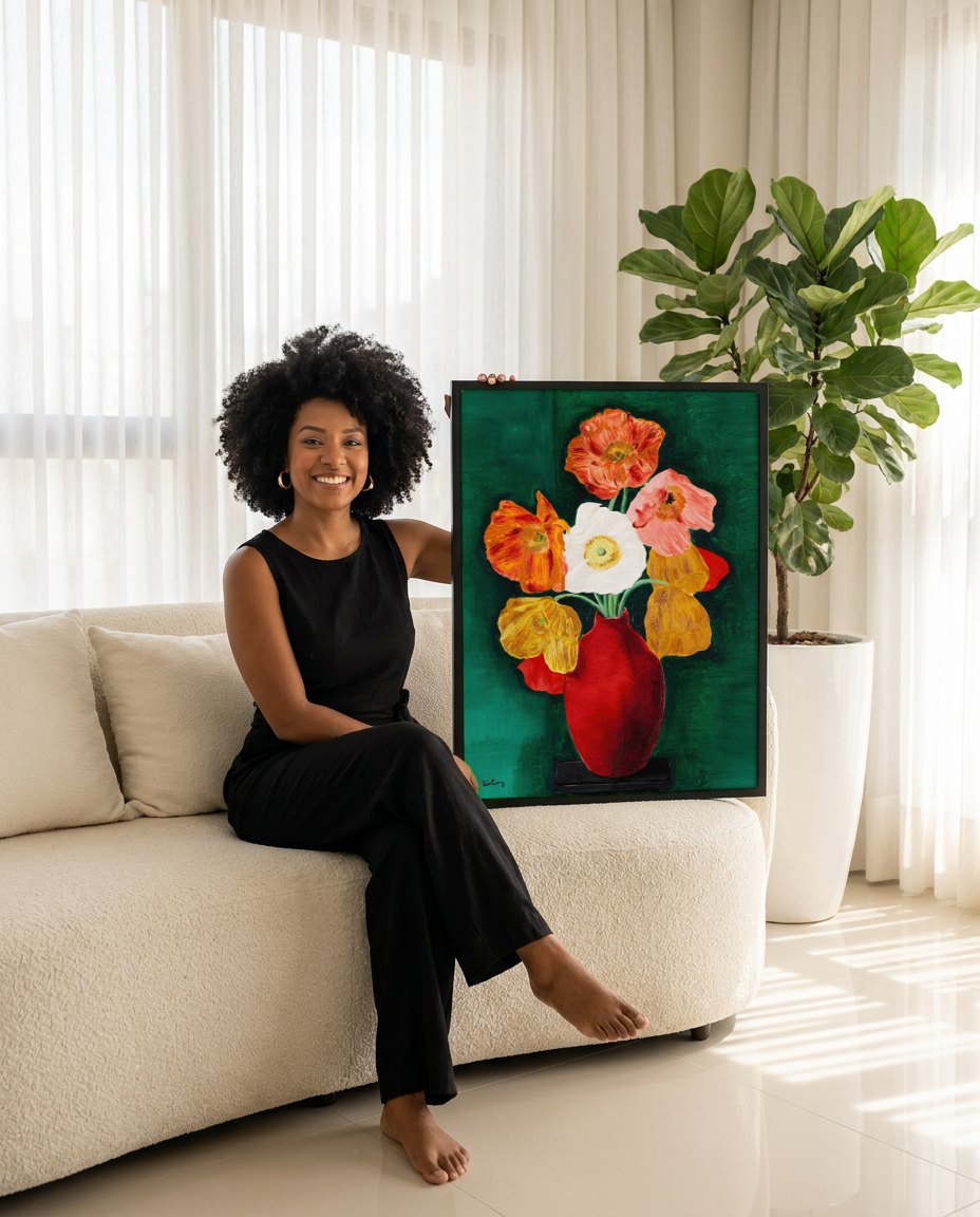 Quadro Decorativo 'Flores no Vaso' - Moïse Kisling | modelo apresentando o quadro emoldurado