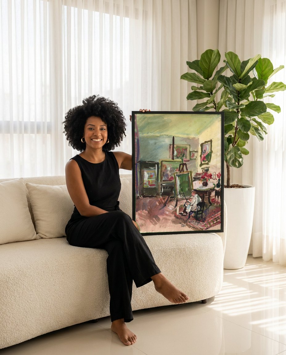 Quadro Decorativo 'Atelier do Artista' - Oskar Laske | modelo apresentando o quadro emoldurado