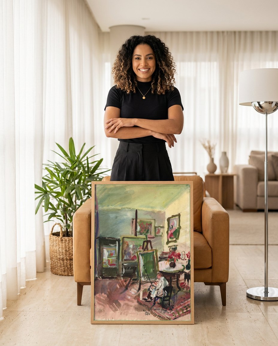 Quadro Decorativo 'Atelier do Artista' - Oskar Laske | modelo apresentando o quadro emoldurado