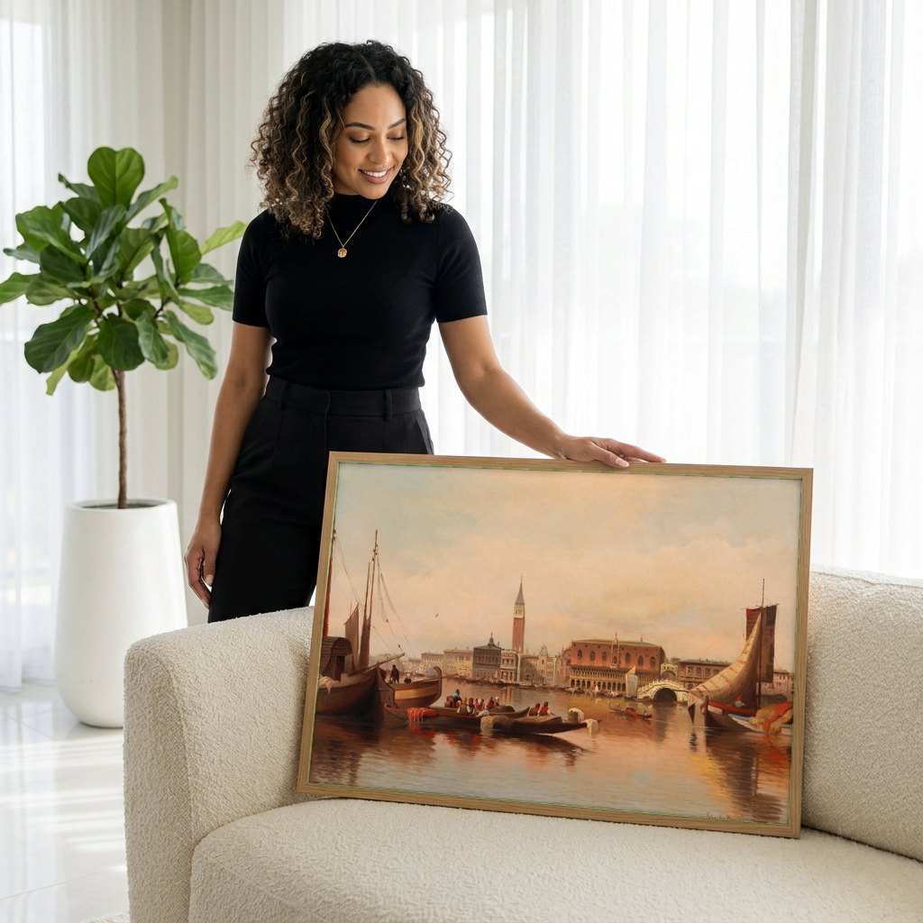 Quadro Decorativo Vista de Veneza - Karl Kaufmann | modelo apresentando o quadro emoldurado