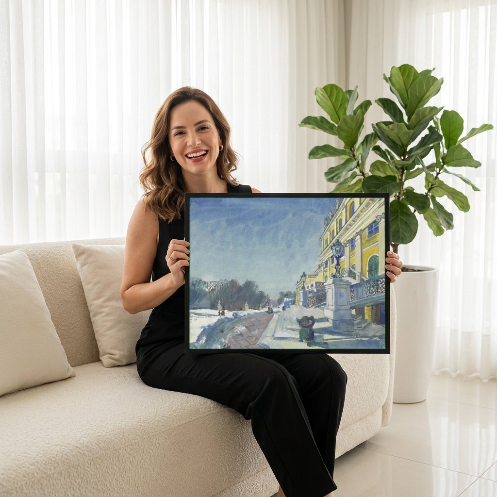 Quadro Decorativo Inverno no Palácio - Oskar Laske | modelo apresentando o quadro emoldurado