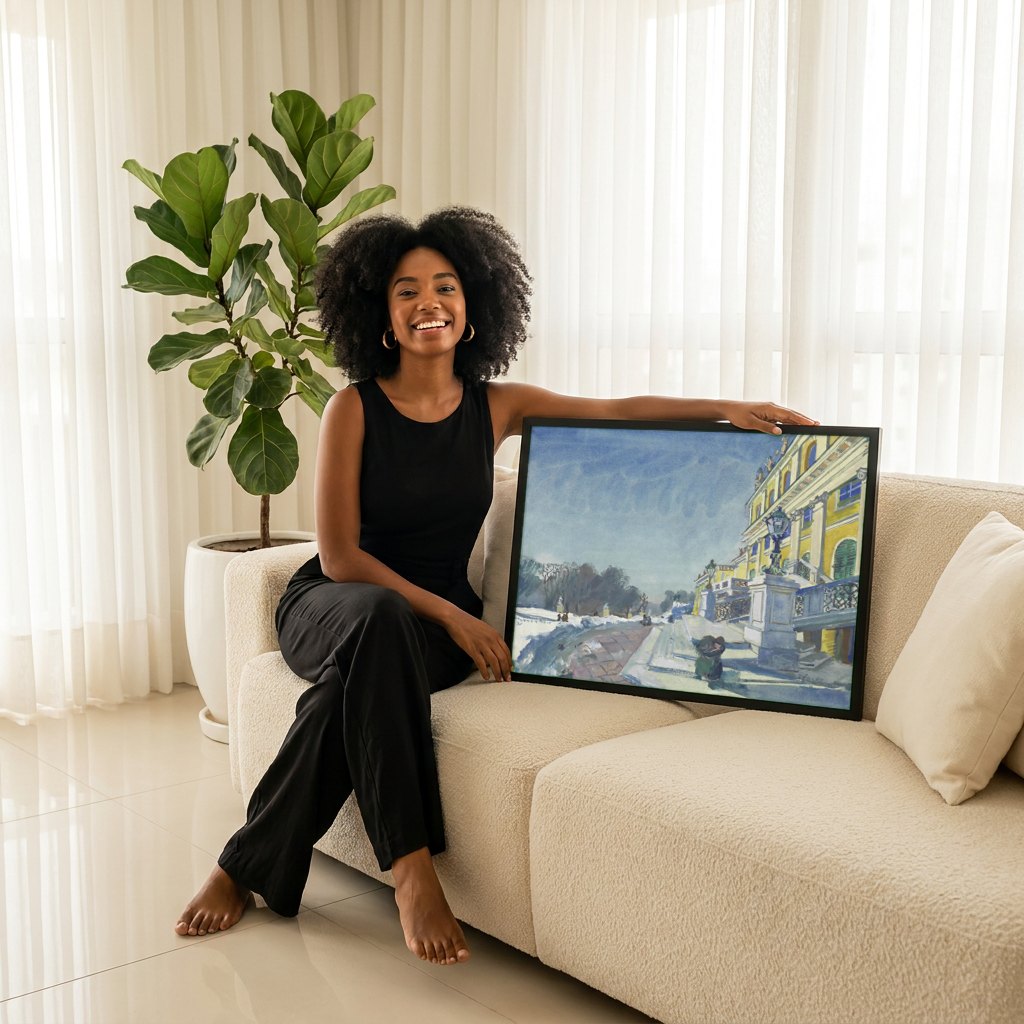 Quadro Decorativo Inverno no Palácio - Oskar Laske | modelo apresentando o quadro emoldurado
