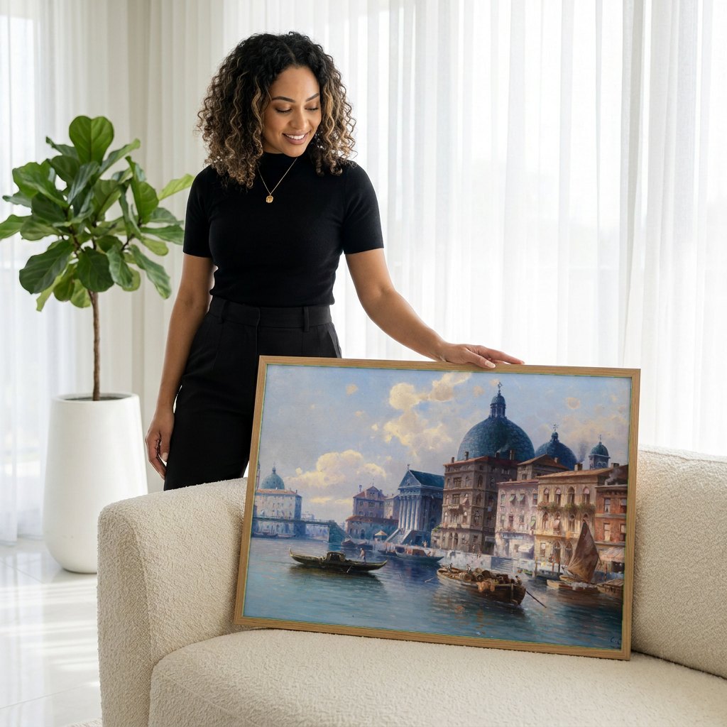 Quadro Decorativo Canal em Veneza - Karl Kaufmann | modelo apresentando o quadro emoldurado