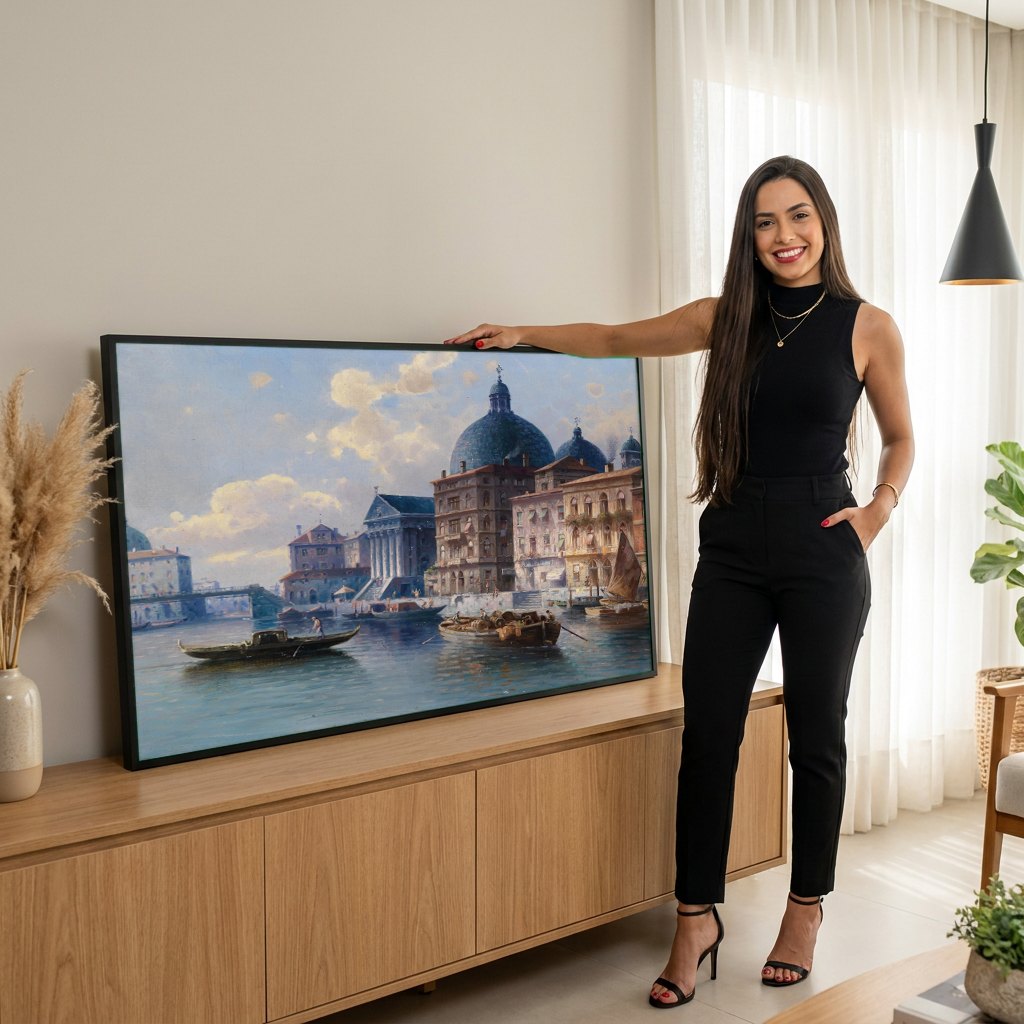 Quadro Decorativo Canal em Veneza - Karl Kaufmann | modelo apresentando o quadro emoldurado