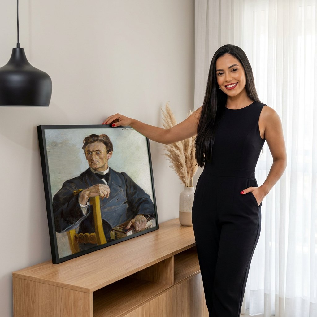 Quadro Decorativo Retrato de Homem - Jacek Malczewski | modelo apresentando o quadro emoldurado