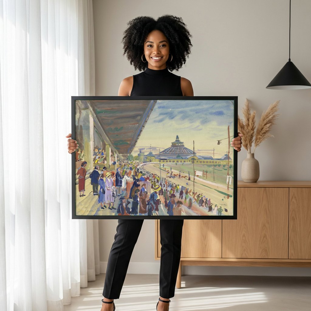 Quadro Decorativo Corrida de Cavalos – Oskar Laske | modelo apresentando o quadro emoldurado