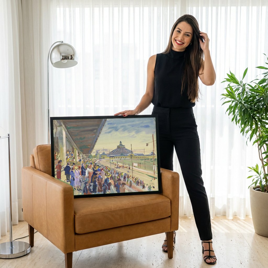 Quadro Decorativo Corrida de Cavalos – Oskar Laske | modelo apresentando o quadro emoldurado