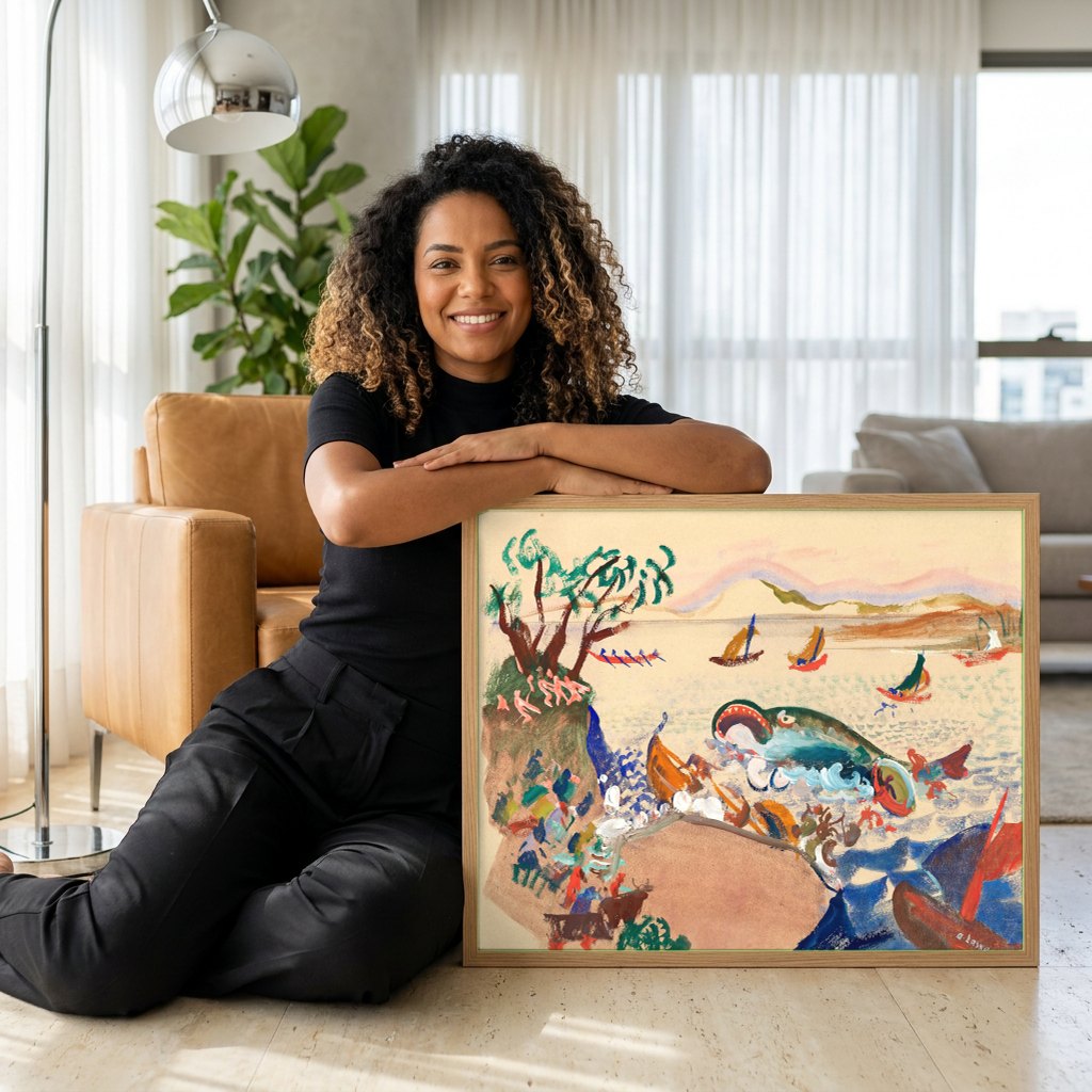 Quadro Decorativo: A Baleia de Oskar Laske | modelo apresentando o quadro emoldurado
