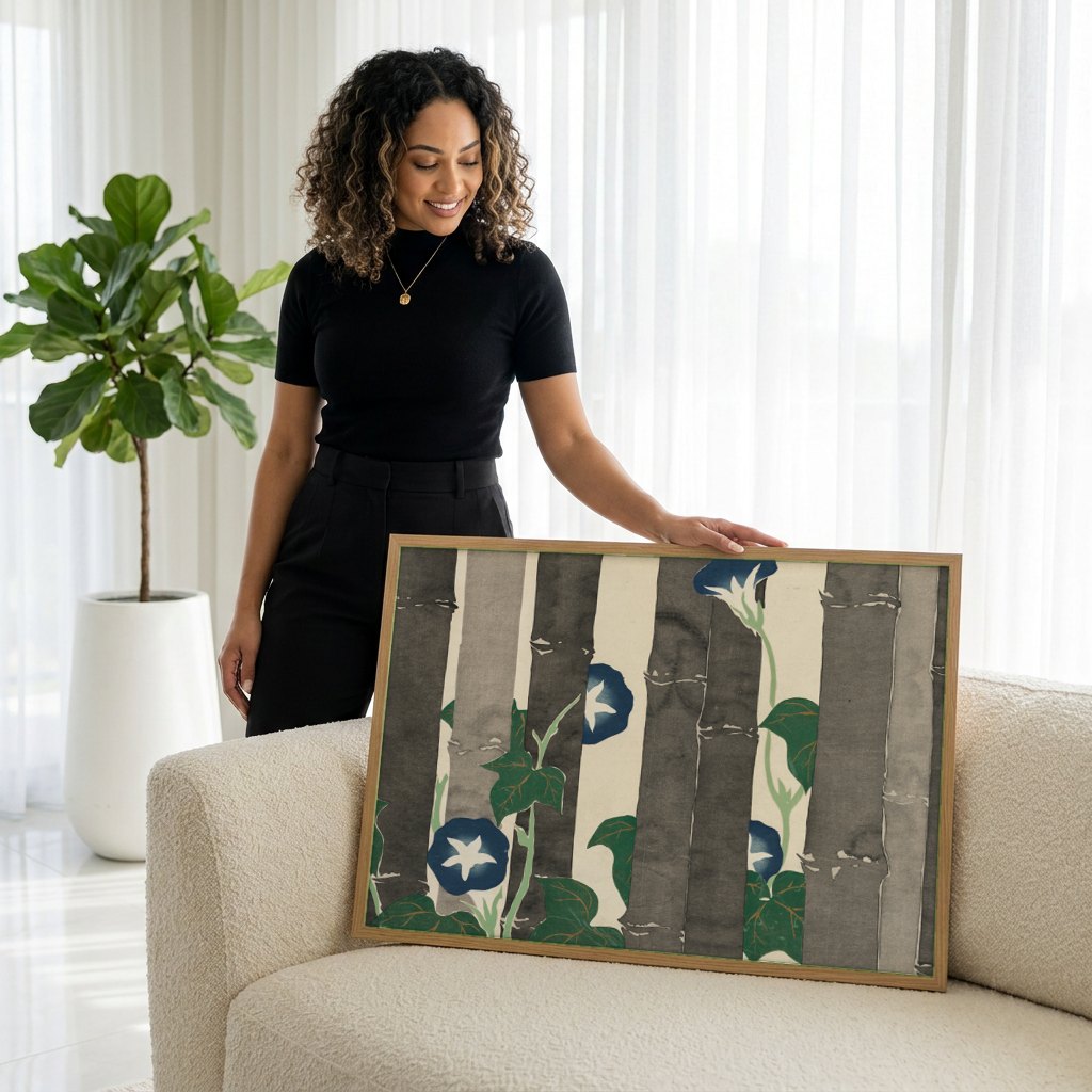 Quadro Decorativo Flores e Bambu - Kamisaka Sekka | modelo apresentando o quadro emoldurado