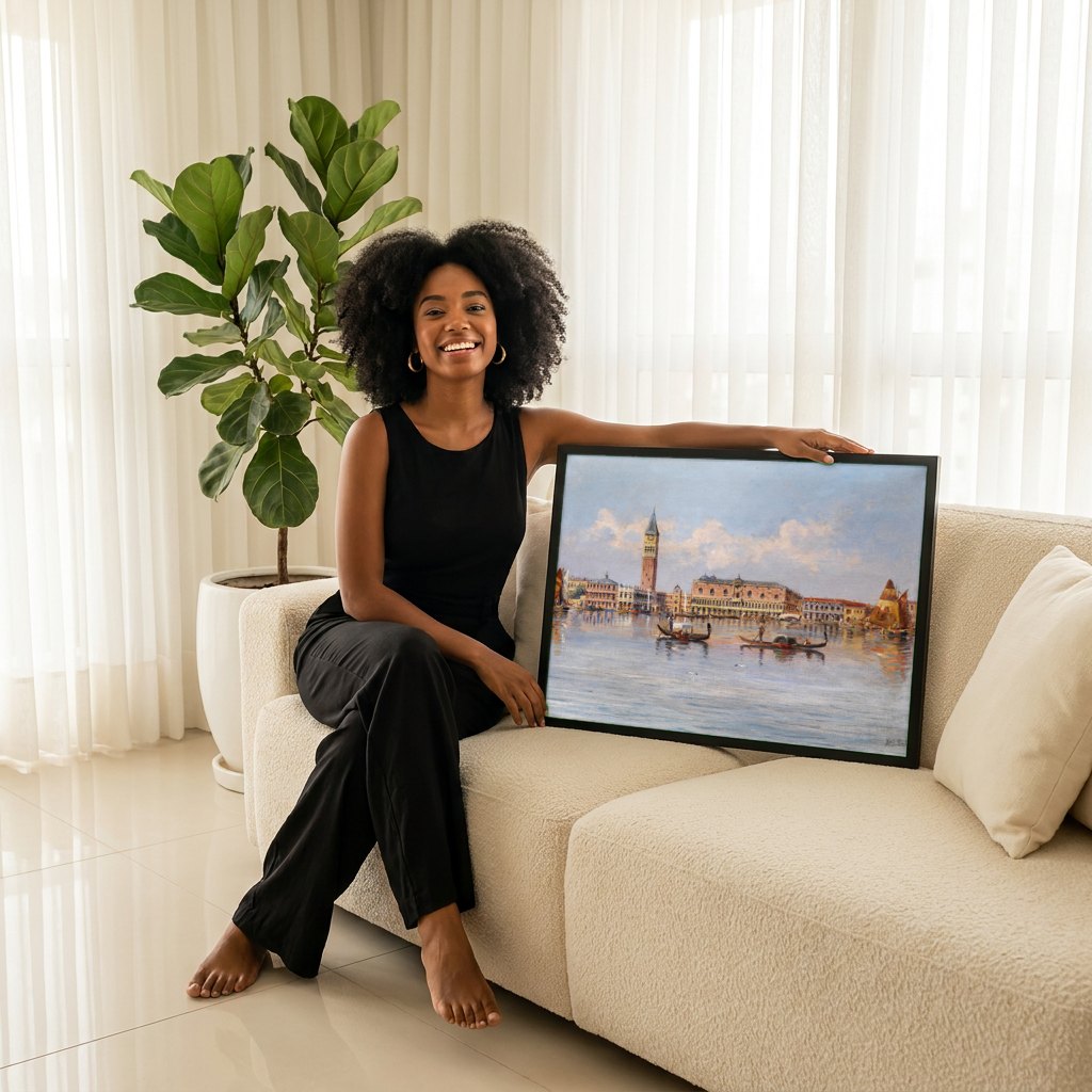 Quadro Decorativo Vista de Veneza - Karl Kaufmann | modelo apresentando o quadro emoldurado