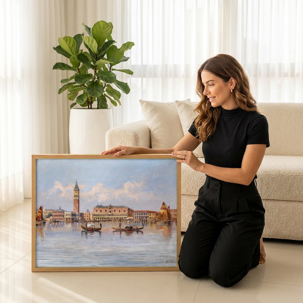 Quadro Decorativo Vista de Veneza - Karl Kaufmann | modelo apresentando o quadro emoldurado