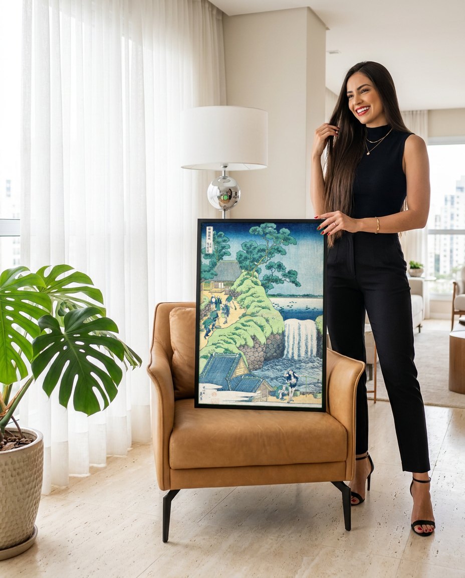 Quadro Decorativo A Cachoeira de Amida - Katsushika Hokusai | modelo apresentando o quadro emoldurado