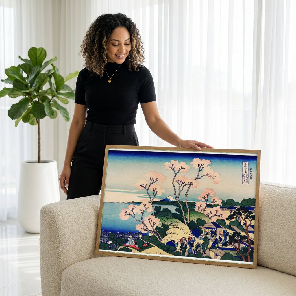 Quadro Decorativo A Enseada de Ejiri - Hokusai | modelo apresentando o quadro emoldurado