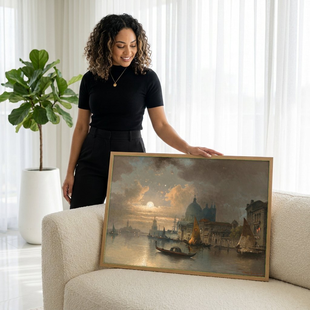 Quadro Decorativo Noite em Veneza - Karl Kaufmann | modelo apresentando o quadro emoldurado