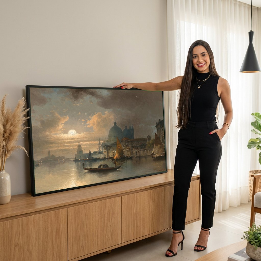 Quadro Decorativo Noite em Veneza - Karl Kaufmann | modelo apresentando o quadro emoldurado