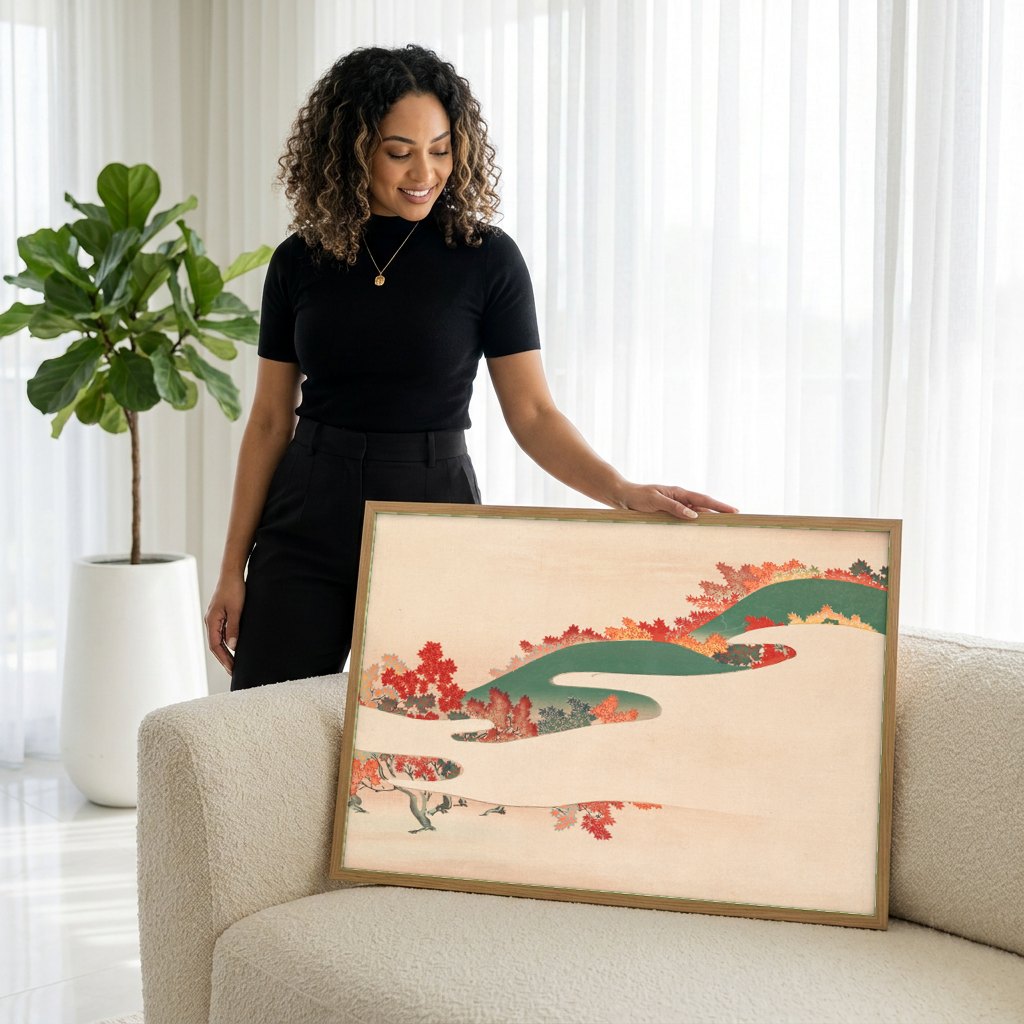 Quadro Decorativo Outono Japonês - Kamisaka Sekka | modelo apresentando o quadro emoldurado