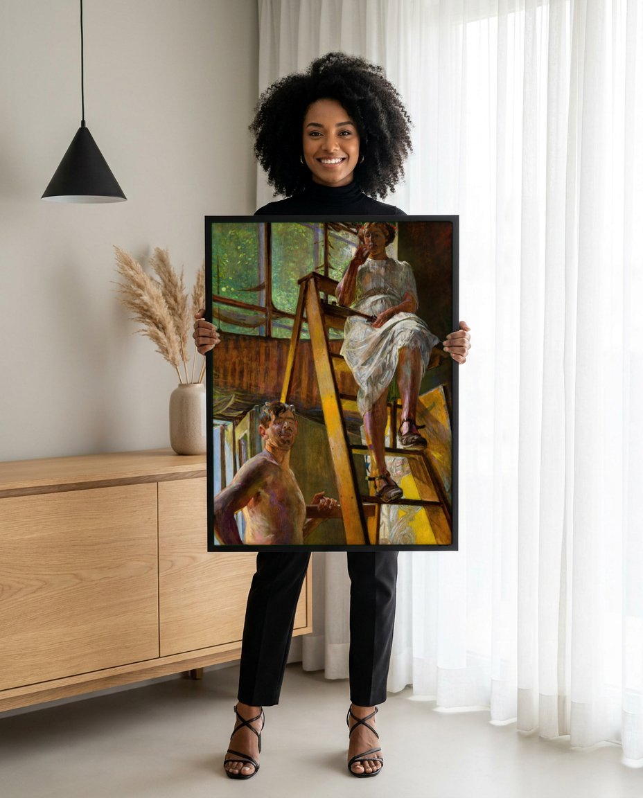Quadro Decorativo 'Pé de Vassoura' - Jacek Malczewski com modelo em ambiente