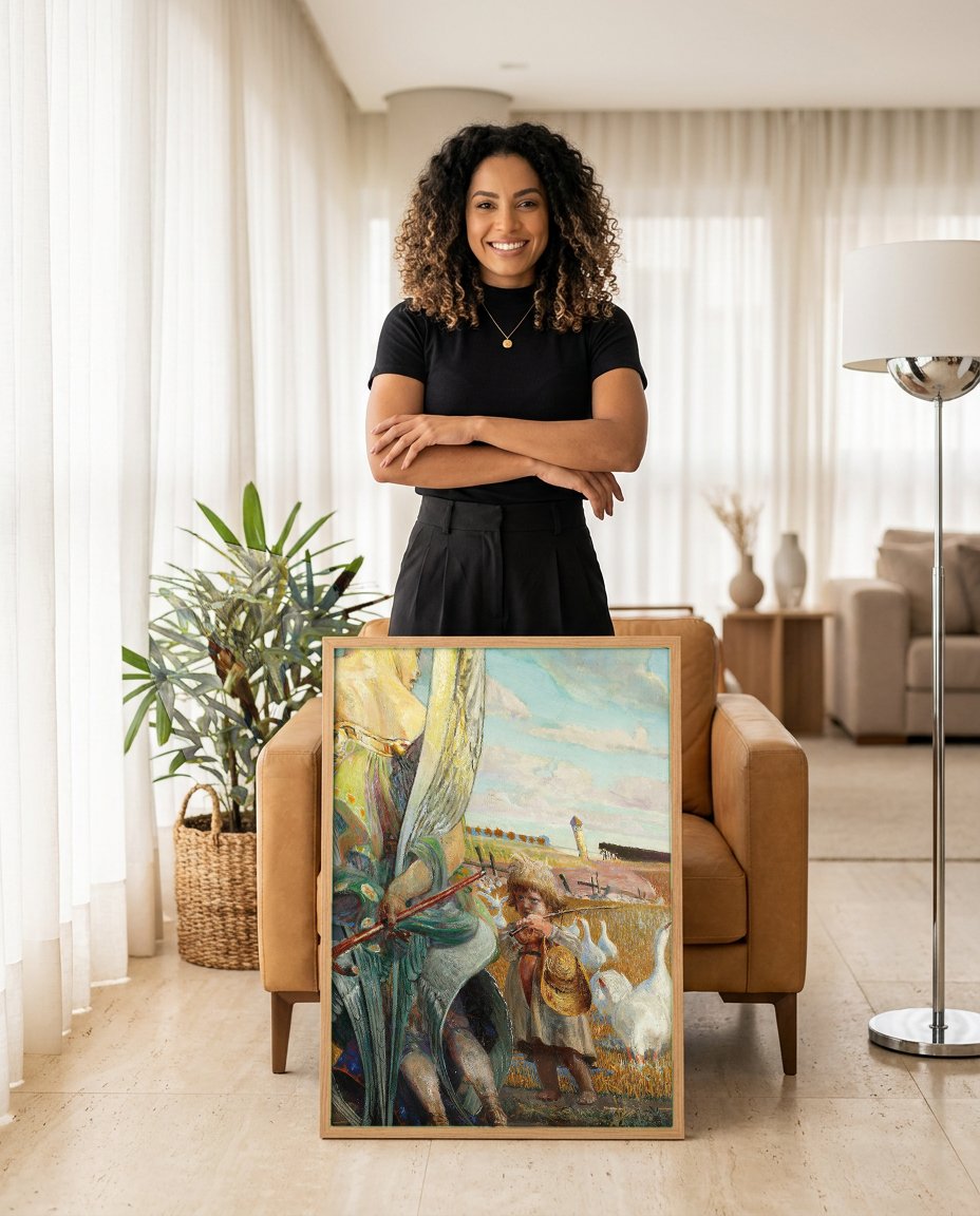 Quadro Decorativo Anjo do Pastor - Jacek Malczewski com modelo em ambiente