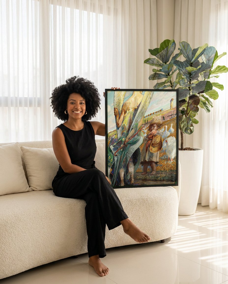 Quadro Decorativo Anjo do Pastor - Jacek Malczewski com modelo em ambiente