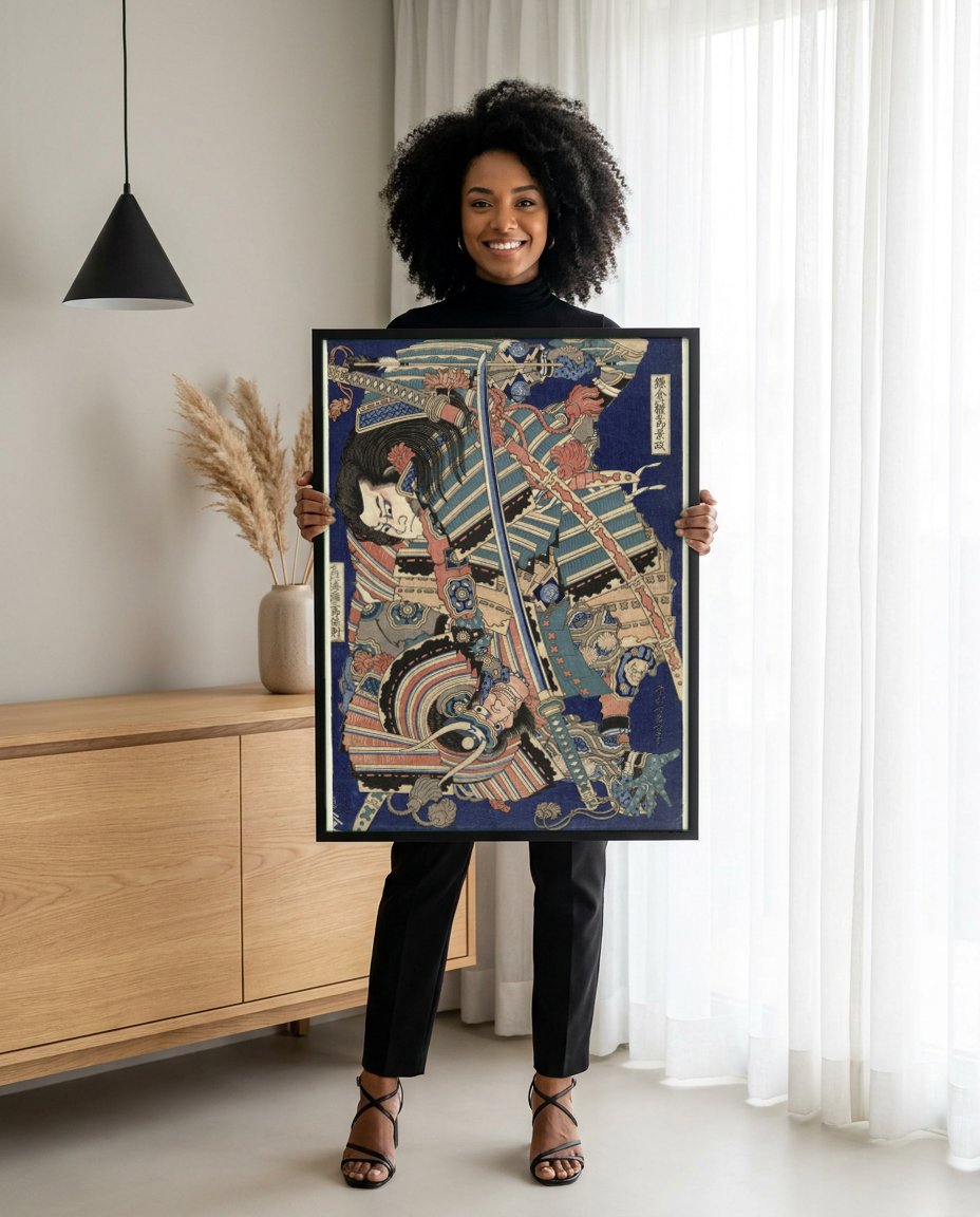 Quadro Decorativo Samurai em Armadura - Katsushika Hokusai com modelo em ambiente