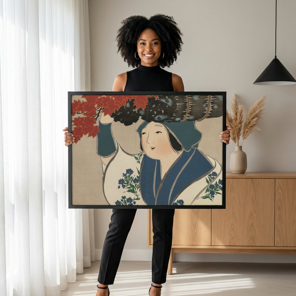 Quadro Decorativo A Mulher e o Outono - Kamisaka Sekka com modelo em ambiente