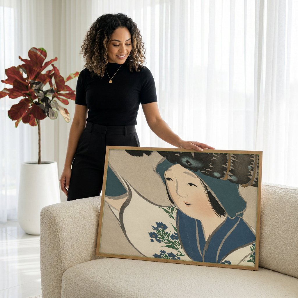 Quadro Decorativo A Mulher e o Outono - Kamisaka Sekka com modelo em ambiente