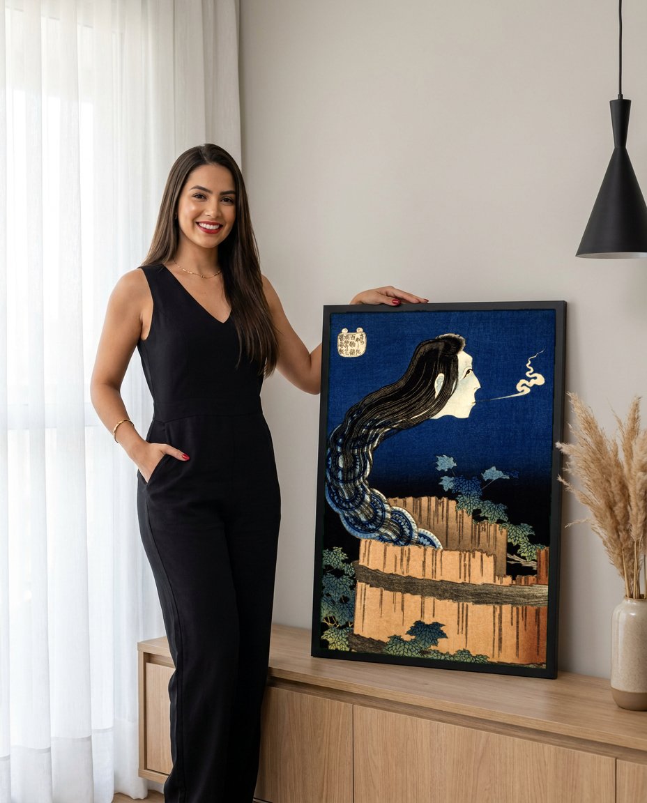 Quadro Decorativo O Fantasma de Okiku - Katsushika Hokusai com modelo em ambiente