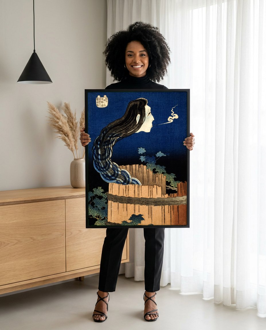 Quadro Decorativo O Fantasma de Okiku - Katsushika Hokusai com modelo em ambiente