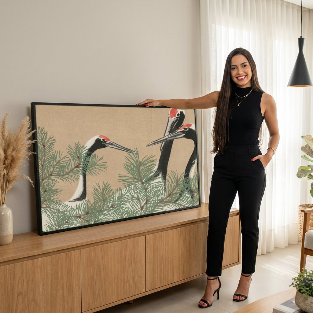 Quadro Decorativo Garças e Pinheiros - Kamisaka Sekka com modelo em ambiente
