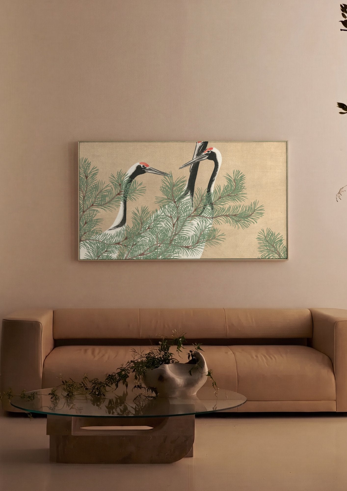 Quadro Decorativo Garças e Pinheiros - Kamisaka Sekka em ambiente decorado