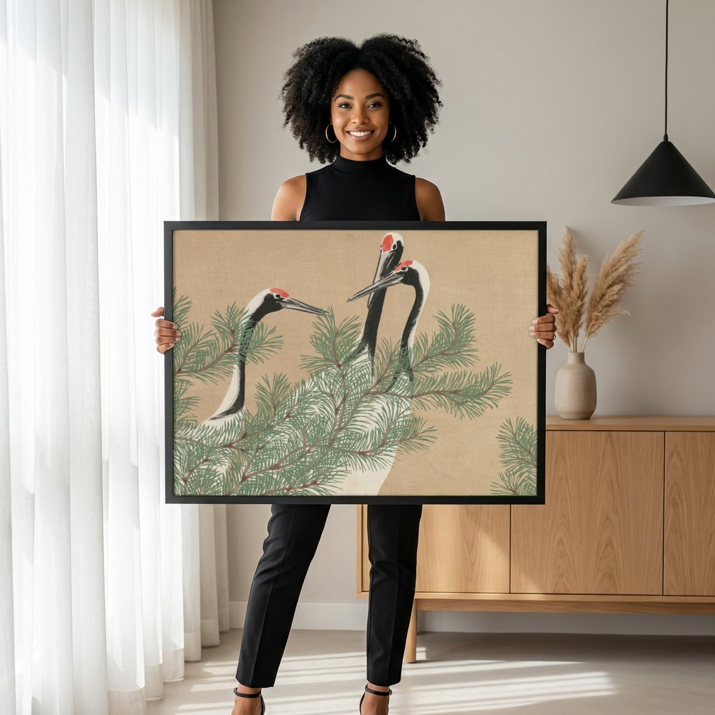 Quadro Decorativo Garças e Pinheiros - Kamisaka Sekka com modelo em ambiente