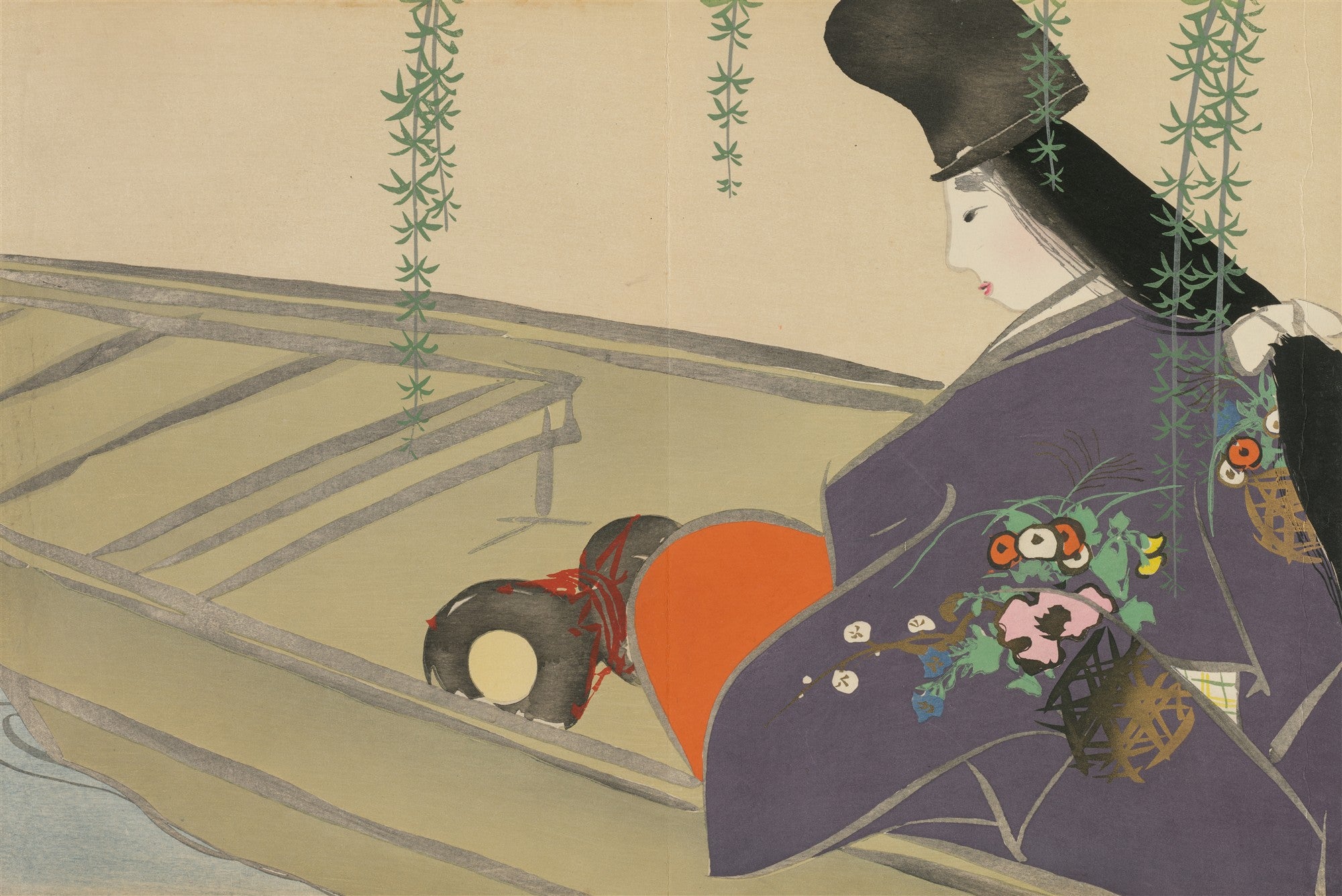 Quadro decorativo mostrando uma mulher japonesa em um barco, com vestes roxas e detalhes florais, sob delicadas glicínias pendentes. Obra de Kamisaka Sekka.
