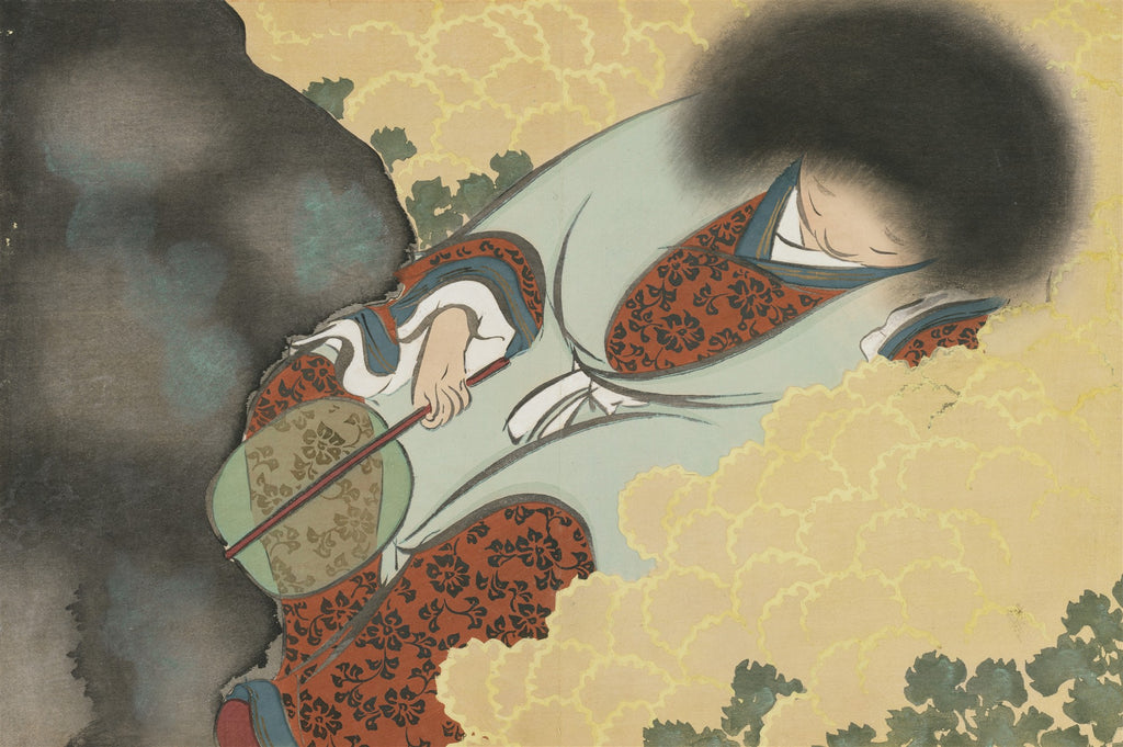 Quadro decorativo com a obra 'A Dama Adormecida' de Kamisaka Sekka. Uma figura feminina estilizada, com cabelos escuros e vestes coloridas, repousa cercada por formas florais em tons de amarelo e verde, sobre um fundo escuro.