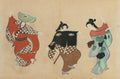 Três figuras japonesas dançando em vestes tradicionais coloridas, com fundos simples e tons terrosos, atribuído a Kamisaka Sekka.