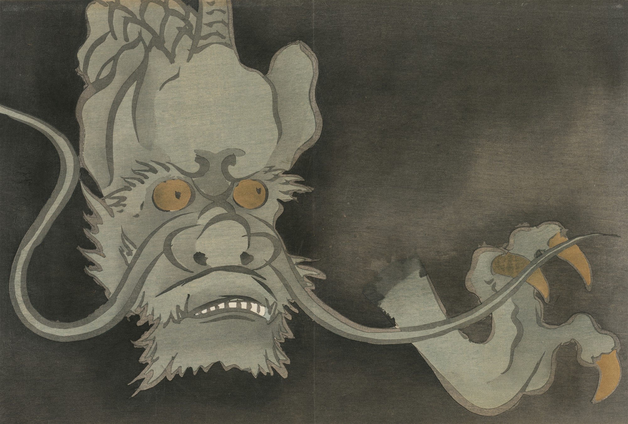 Quadro decorativo com a cabeça e uma garra de um dragão japonês, cinza-azulado com olhos amarelos e fundo escuro, em estilo xilogravura. Obra de Kamisaka Sekka.
