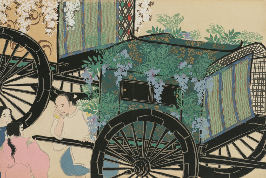 Quadro decorativo com ilustração japonesa de uma carruagem escura decorada com flores de glicínia roxas e folhagens verdes, com rodas grandes e uma figura humana ao lado. Estilo Rinpa, Kamisaka Sekka.