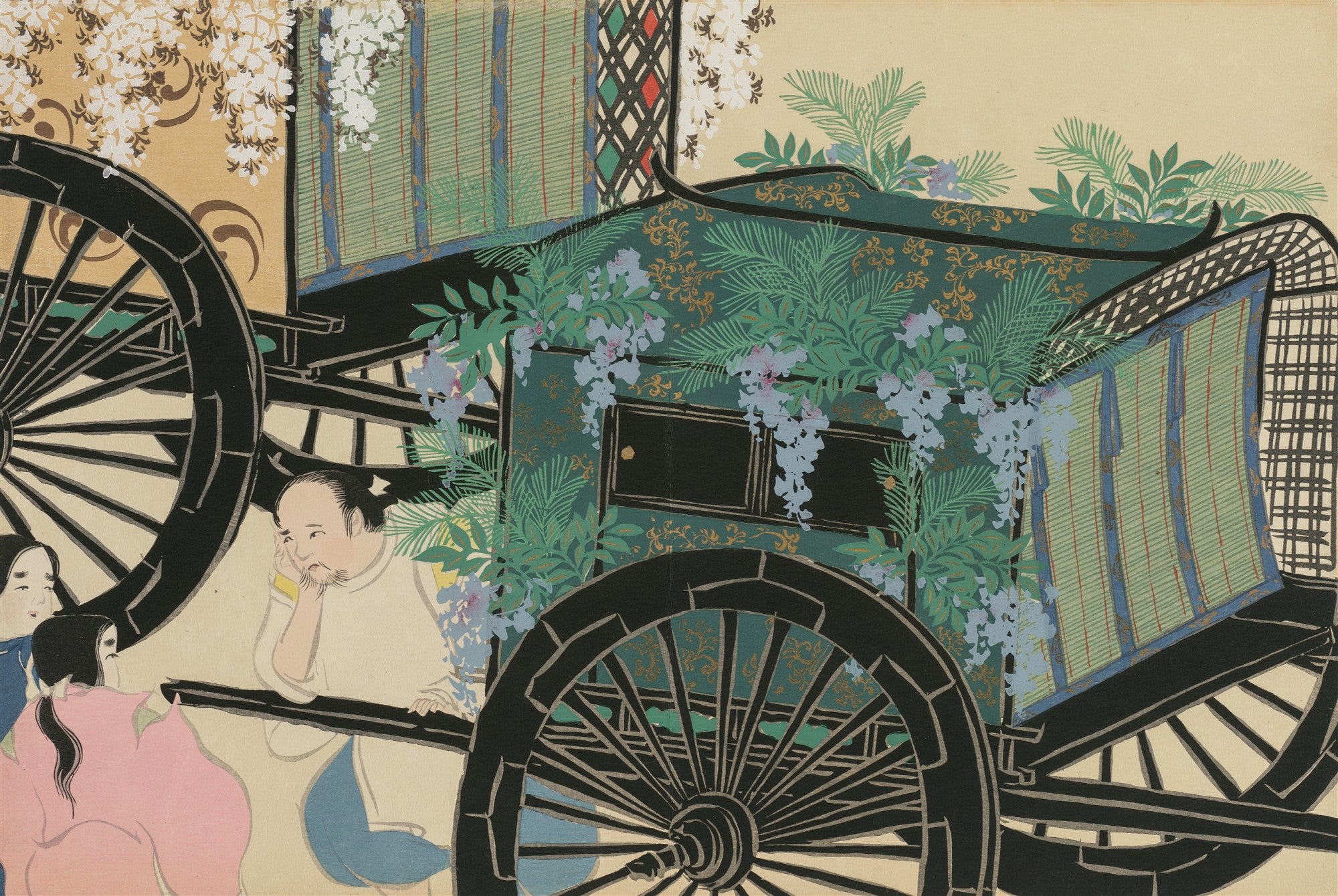 Quadro decorativo com ilustração japonesa de uma carruagem escura decorada com flores de glicínia roxas e folhagens verdes, com rodas grandes e uma figura humana ao lado. Estilo Rinpa, Kamisaka Sekka.