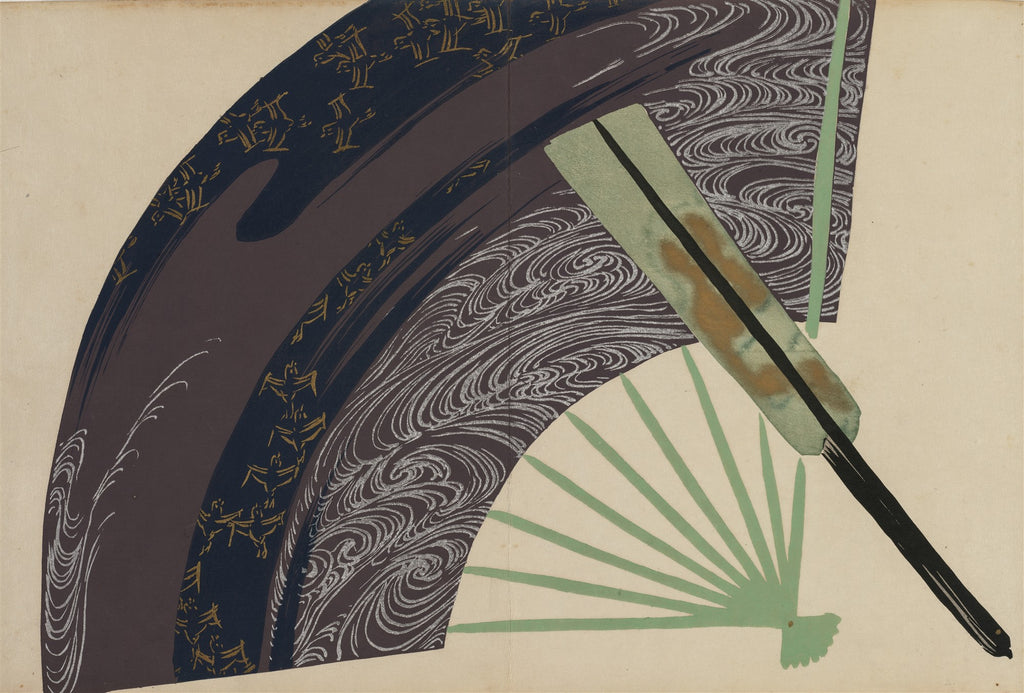 Quadro decorativo com arte japonesa abstrata de Kamisaka Sekka, apresentando um leque parcialmente visível com raios verdes claros e um cabo preto, sobreposto a formas curvas em tons de marrom e azul marinho com padrões de ondas brancas e detalhes dourados. O fundo é bege claro.