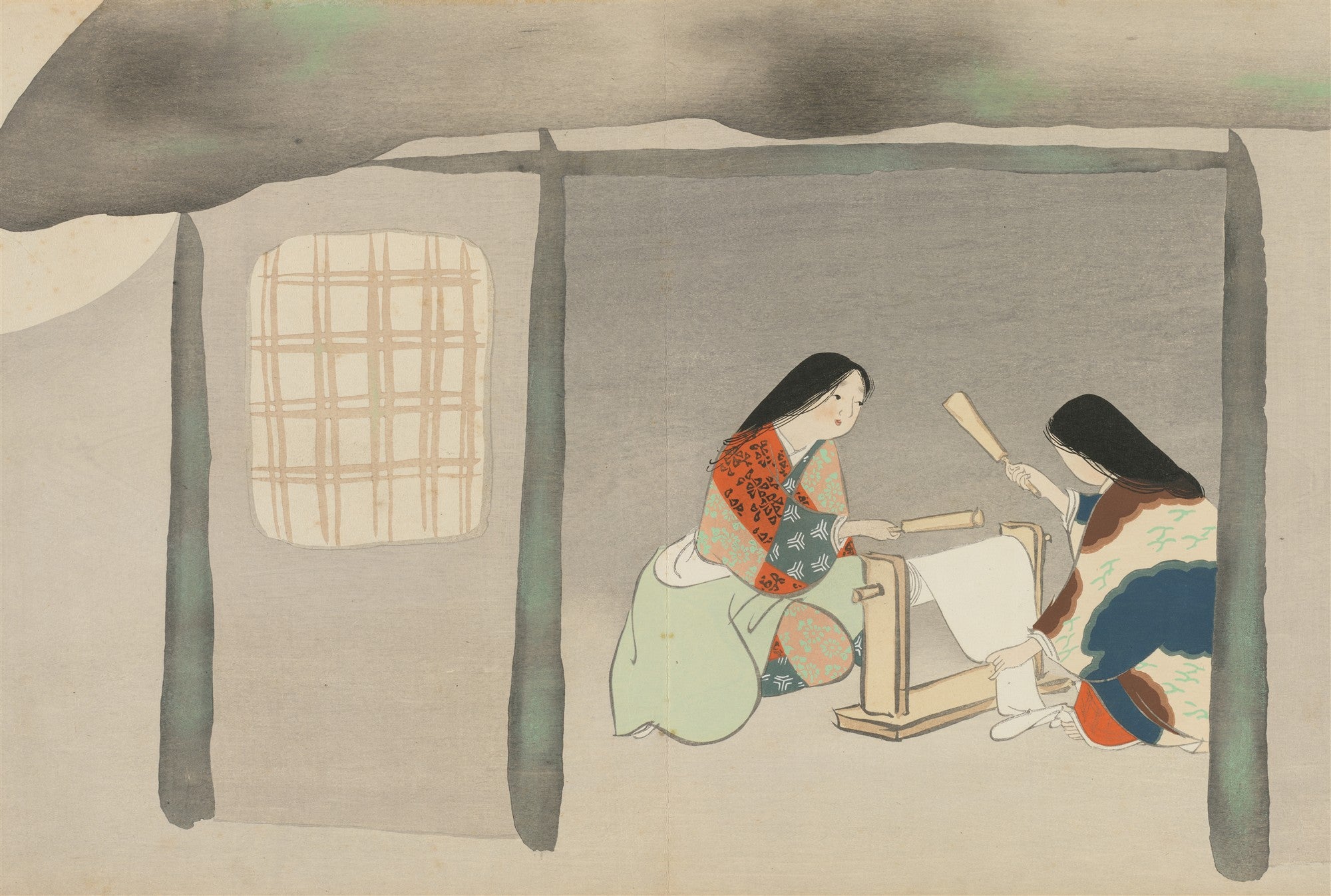Duas mulheres japonesas em quimonos tradicionais, sentadas no chão de um ambiente simples, possivelmente tecendo ou processando fibras. A cena evoca tranquilidade e trabalho manual. Obra no estilo de Kamisaka Sekka.