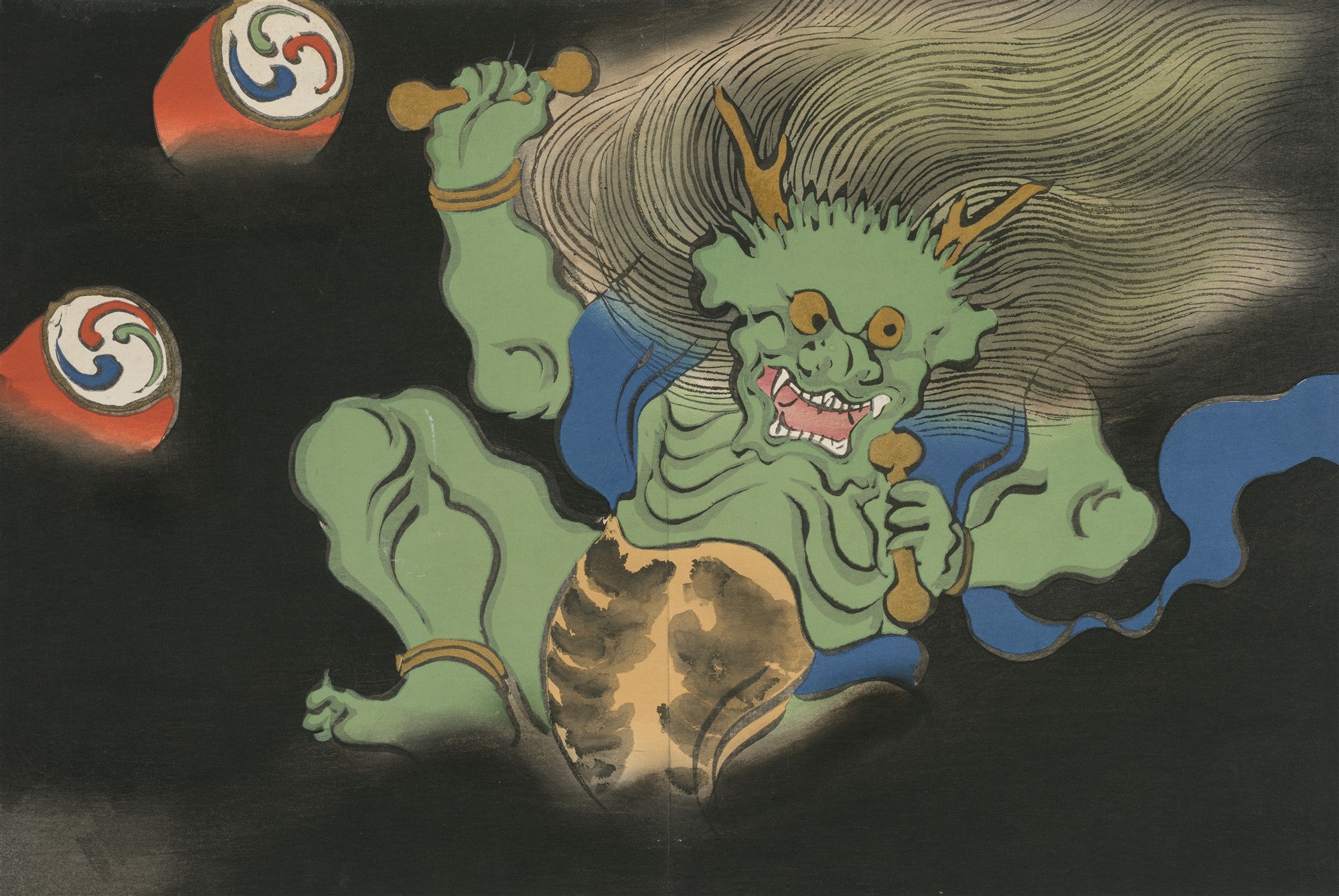 Quadro decorativo com representação do deus japonês Raijin, o Deus do Trovão, em um estilo vibrante de Kamisaka Sekka. A figura esverdeada, de expressão feroz e cabelos esvoaçantes, segura baquetas e é ladeada por tambores vermelhos, tudo contra um fundo preto profundo.