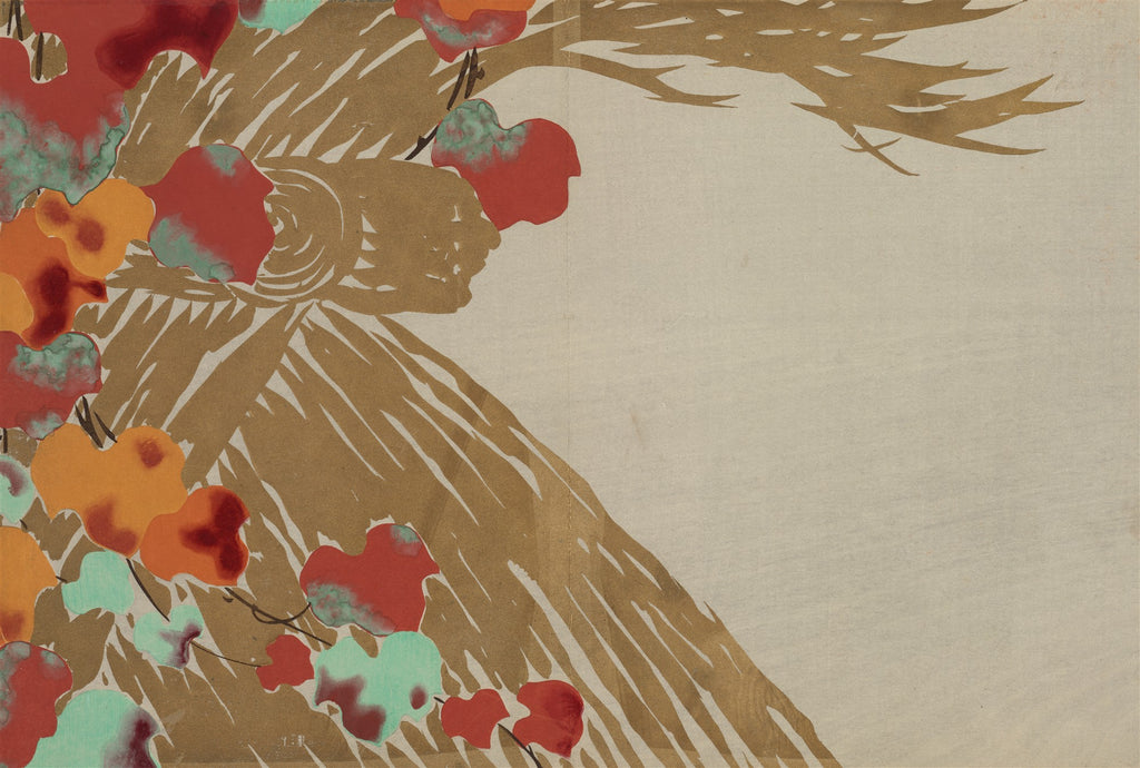 Quadro decorativo com ilustração de folhas de outono em tons de vermelho, laranja e verde-água sobre um fundo bege com silhuetas de galhos em marrom-dourado, atribuída a Kamisaka Sekka.