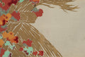 Quadro decorativo com ilustração de folhas de outono em tons de vermelho, laranja e verde-água sobre um fundo bege com silhuetas de galhos em marrom-dourado, atribuída a Kamisaka Sekka.