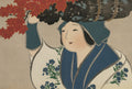 Mulher japonesa em xilogravura de Kamisaka Sekka, com touca azul e kimono branco estampado, carregando um feixe de folhas de bordo vermelhas vibrantes.