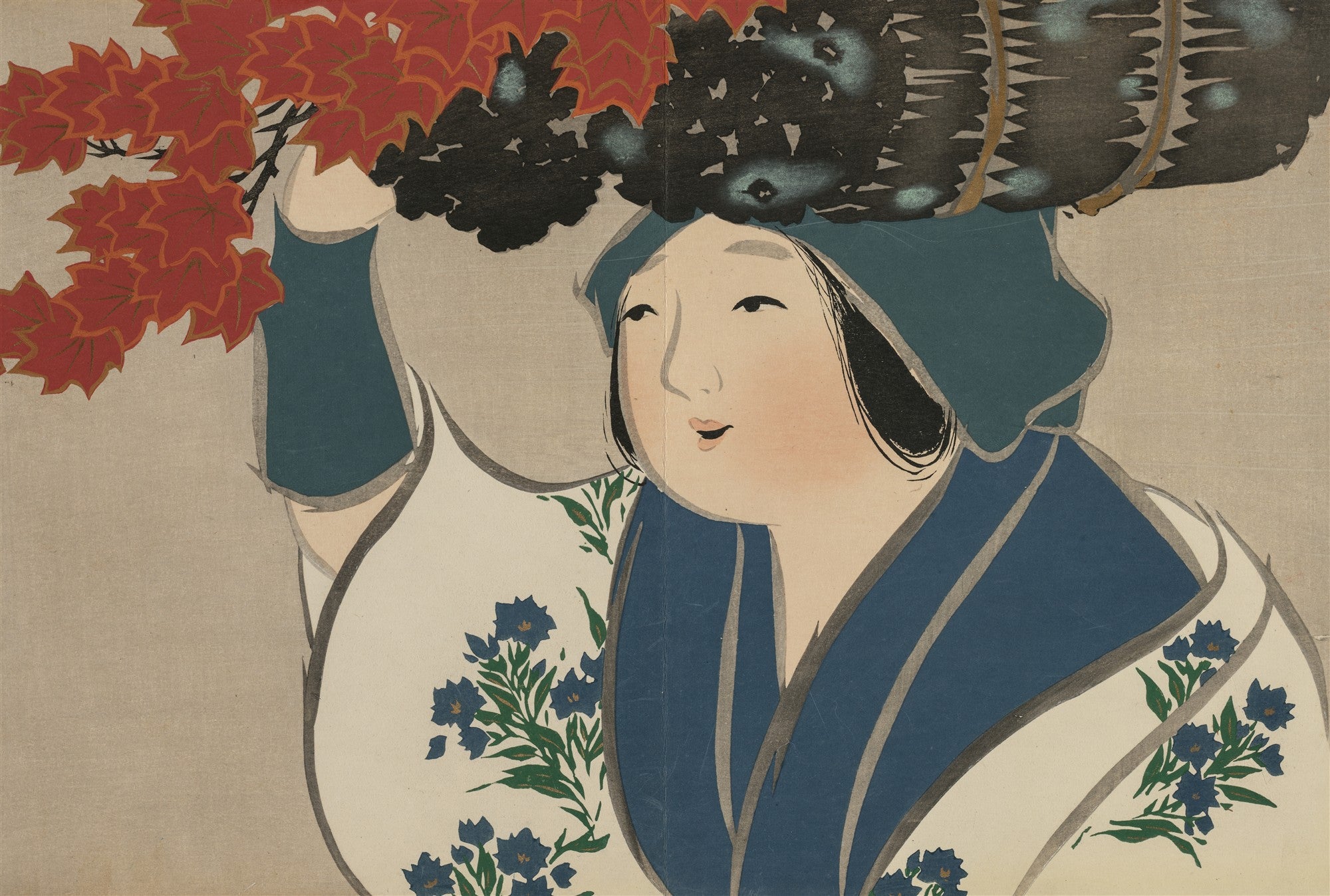 Mulher japonesa em xilogravura de Kamisaka Sekka, com touca azul e kimono branco estampado, carregando um feixe de folhas de bordo vermelhas vibrantes.