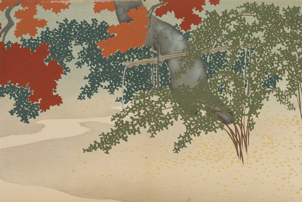 Quadro decorativo com paisagem japonesa de outono, atribuída a Kamisaka Sekka. Cores vibrantes de folhas vermelhas e verdes, um rio sinuoso e folhas amarelas espalhadas no chão, representando a beleza da natureza outonal.