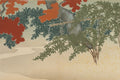 Quadro decorativo com paisagem japonesa de outono, atribuída a Kamisaka Sekka. Cores vibrantes de folhas vermelhas e verdes, um rio sinuoso e folhas amarelas espalhadas no chão, representando a beleza da natureza outonal.